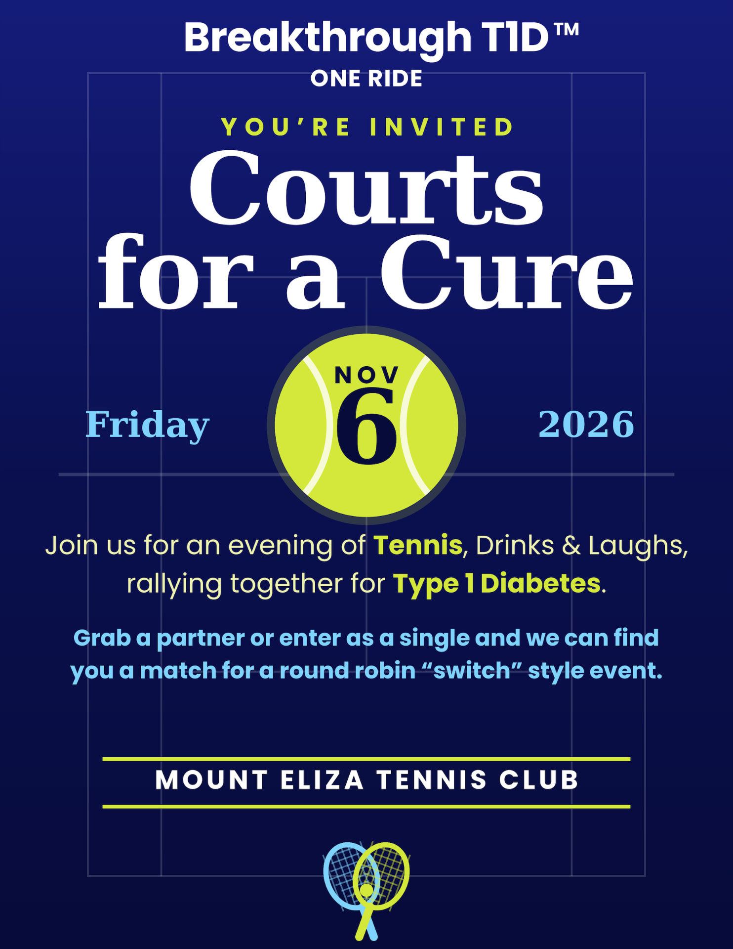 Breakthrough T1D Courts for a Cure at Mt Eliza Tennis Club flyer